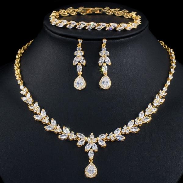 Silver Necklace Jewelry Set Necklace Earrings Jewelry Dainty Bridal Cz Waterdrop Wedding Ring Jewelry Set
