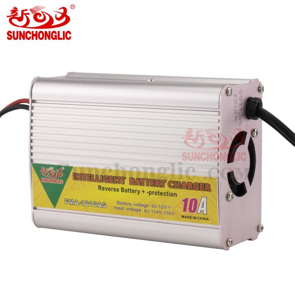 12V 10A AGM Gel Battery Charger with Three-Step Charging and 150V–250V AC Input for Lead-Acid Batteries