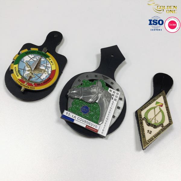 International Custom Shaped Lapel Pins , Soft Enamel Metal Zinc Alloy Badge With Leather