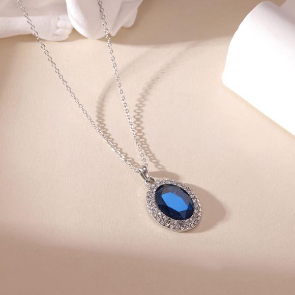 Collares para Mujer de Acero Inoxidable con Piedra Grande de Zirconia Ovalada Azul y Gemas Redondas Transparentes