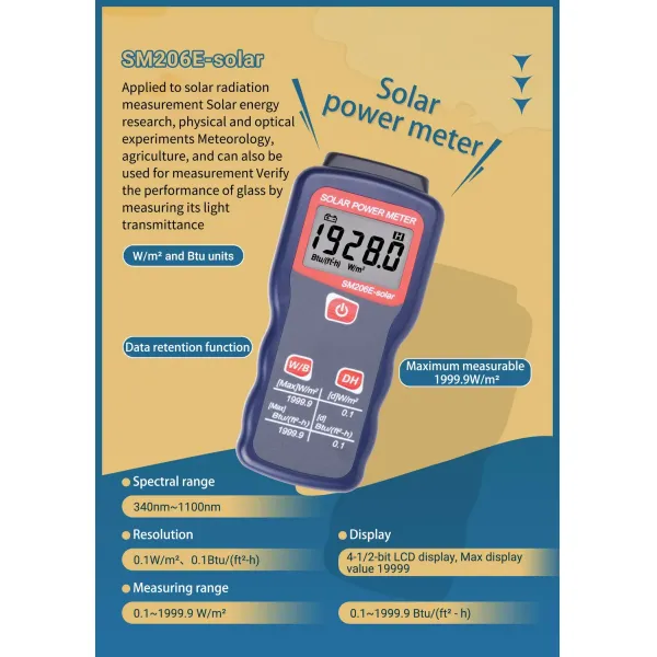 SM206E Solar Energy Monitor with 4-1/2 Bit LCD Display 340nm-1100nm Spectral Range