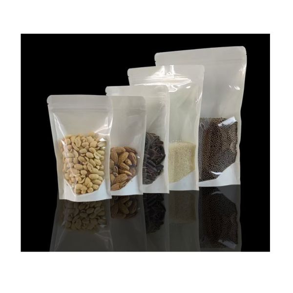 White Stand Up Plastic Pouches Eco Friendly Stand Up Resealable Pouches With Transparent Window