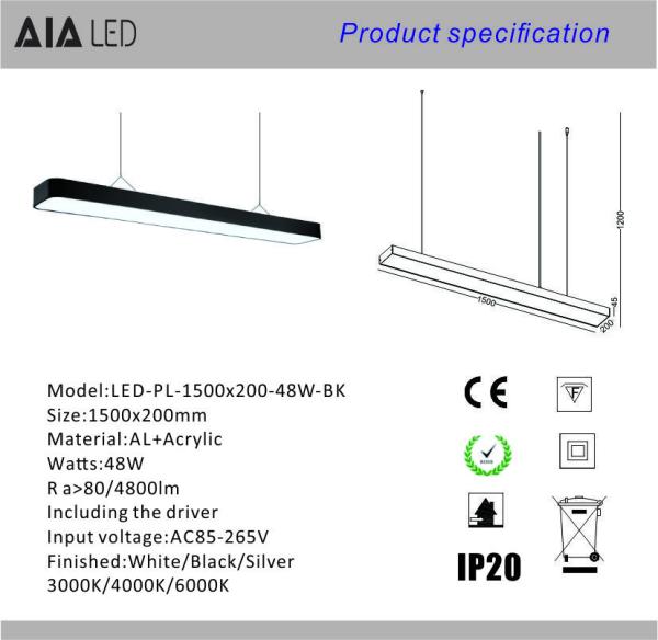 Popular indoor commercial office 48W 1.5M led pendant light for meeting room