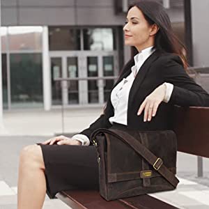 14inch Laptop Womens Leather Messenger Bag Canvas Cowhide 400g