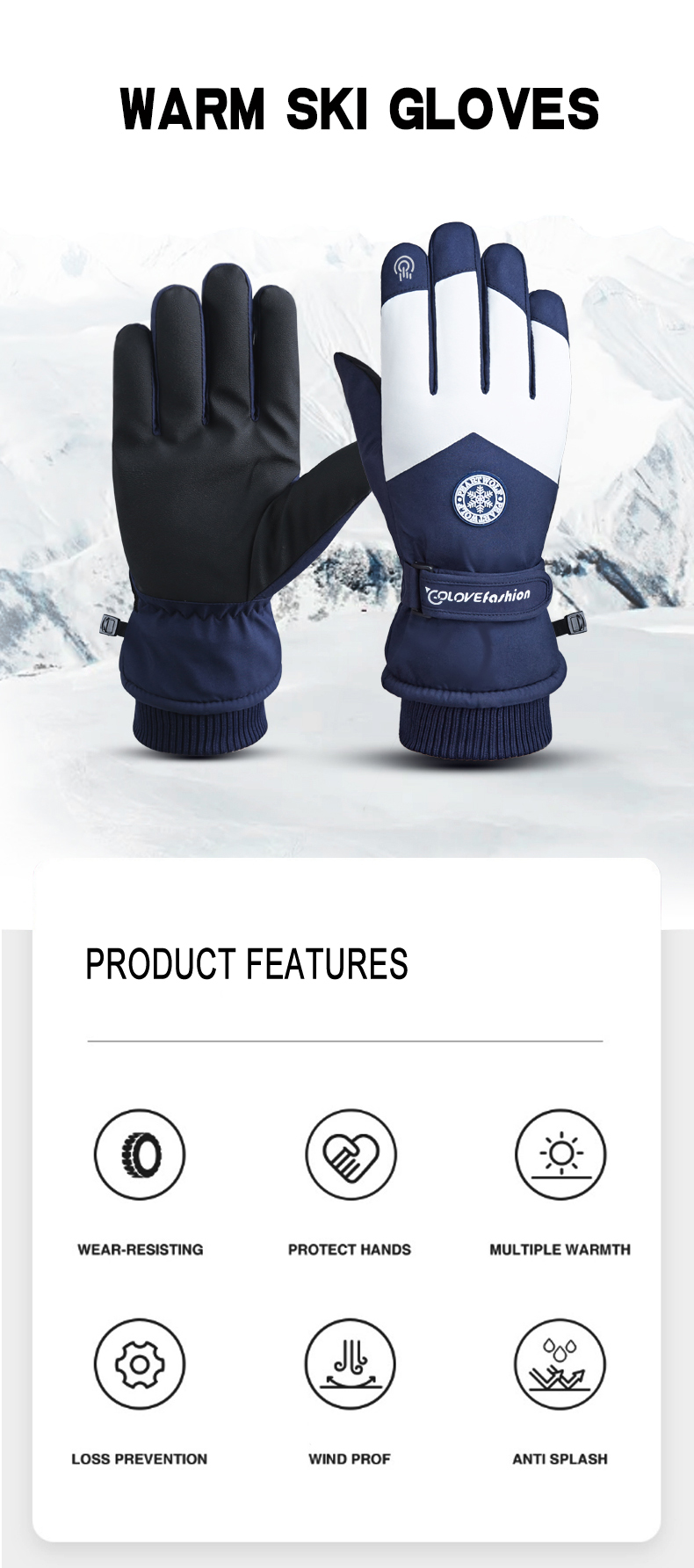 Winter Autumn Unisex Waterproof Ski Gloves Snowboard Snow Insulate Warm Touch Screen Gloves and Pu Leather Wrist Leashes