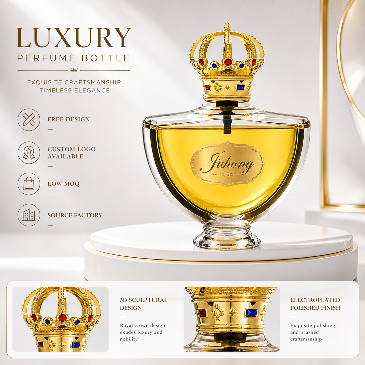 Noble Royal Crown Gem‑Accented Zamac FEA15 Perfume Cap, Gold‑Plated Zinc Alloy Decorative Bottle Top