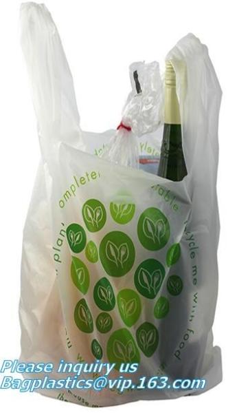 100%Biodegradable and Compostable T-shirt Bags/vest carrier PE plastic bag, vest carrier plastic T-shirt shopping bag
