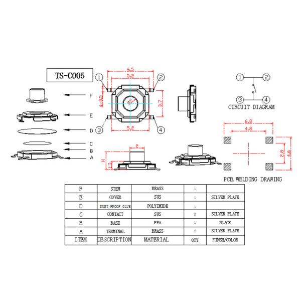 12V Voltage Low Profile Push Button Switch , Surface Mount Push Switch