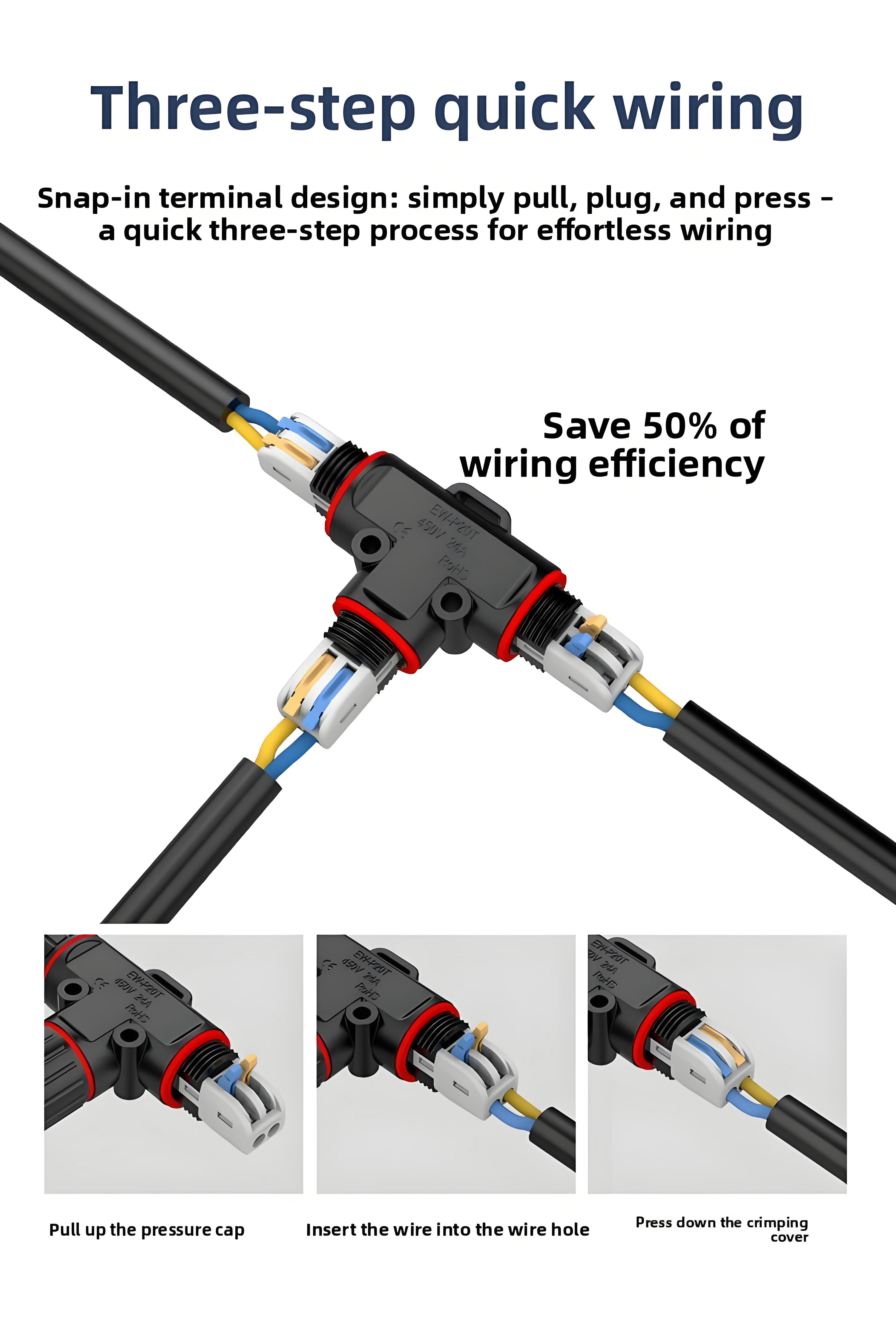 Waterproof Circular Connector T-Type 1 Input 2 Output with PA66 Material and 0.5mm²-2.5mm² Wire Gauge