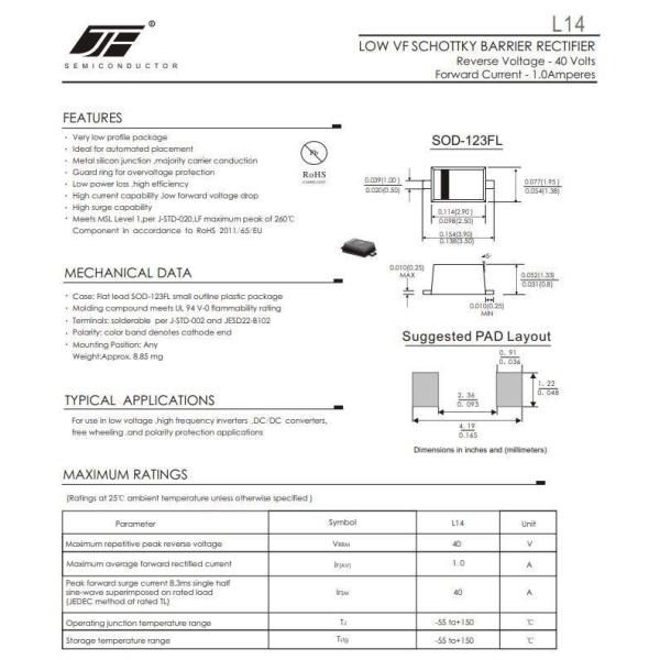 1A Current Low Forward Schottky Diode with Silicon Alloy Structure and SOD-123FL Outline
