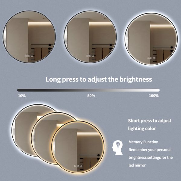 Luxury Circular Commercial Mirrors , Round Black Framed LED Bathroom Mirror