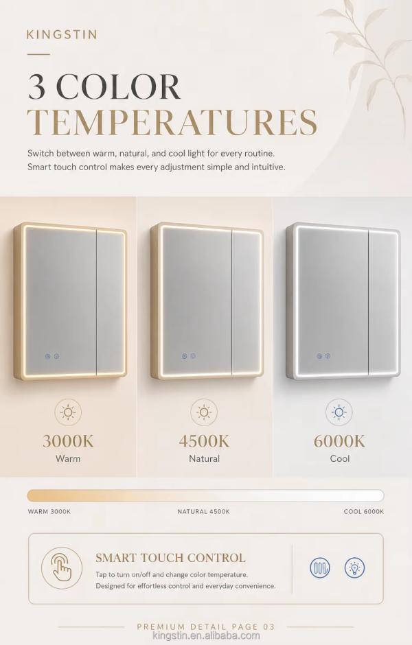 Kingstin Custom ABS LED Mirror Cabinet for Modern Bathrooms | 3 Color Light, Defogging, Bluetooth, Optional Android