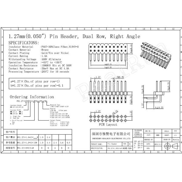 Double Row 1.27 Mm Pin Header Connector Right Angle Type 20 Pin Header 2x10