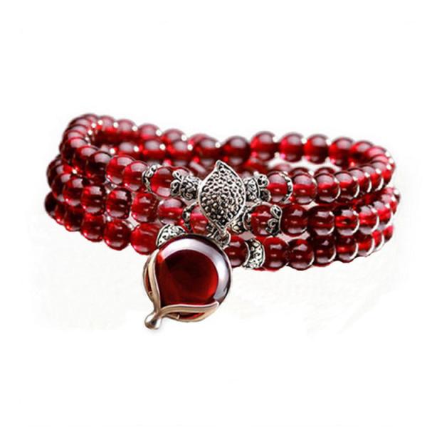 5mm Round Genuine Garnet Beads Bracelet with 925 Silver Marcasite Garnet Charm 20 inches (B120705)