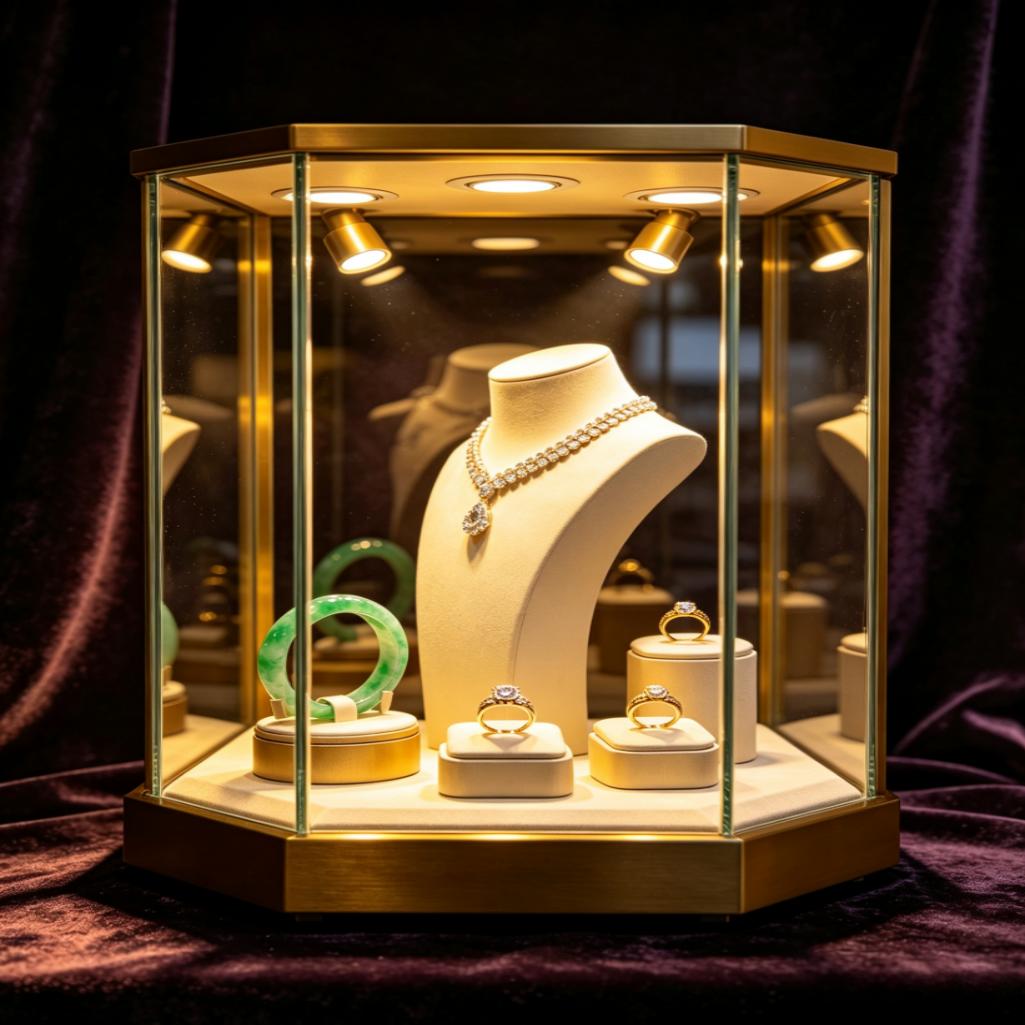 Luxurious White and Gold Metal Jewelry Display Case with LED Lighting Eco-Friendly Secure and Easy to Clean for Retail Stores