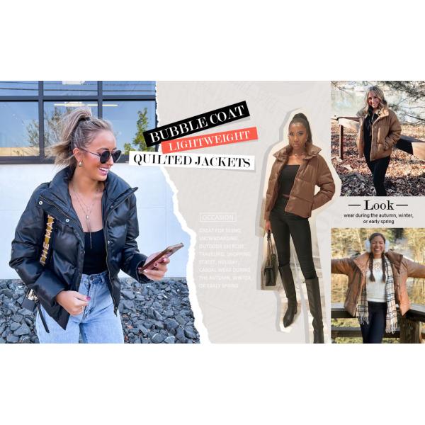 Zip Up Faux Leather Puffer Winter Down Jackets Zipper Closure