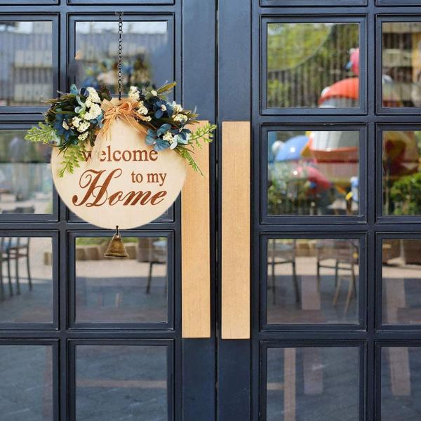 Coronas de bienvenida para la puerta de entrada Decoración de la puerta de entrada Decoraciones del porche delantero Signo colgante Rustico Signo colgante de madera con campana