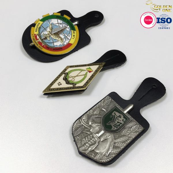International Custom Shaped Lapel Pins , Soft Enamel Metal Zinc Alloy Badge With Leather