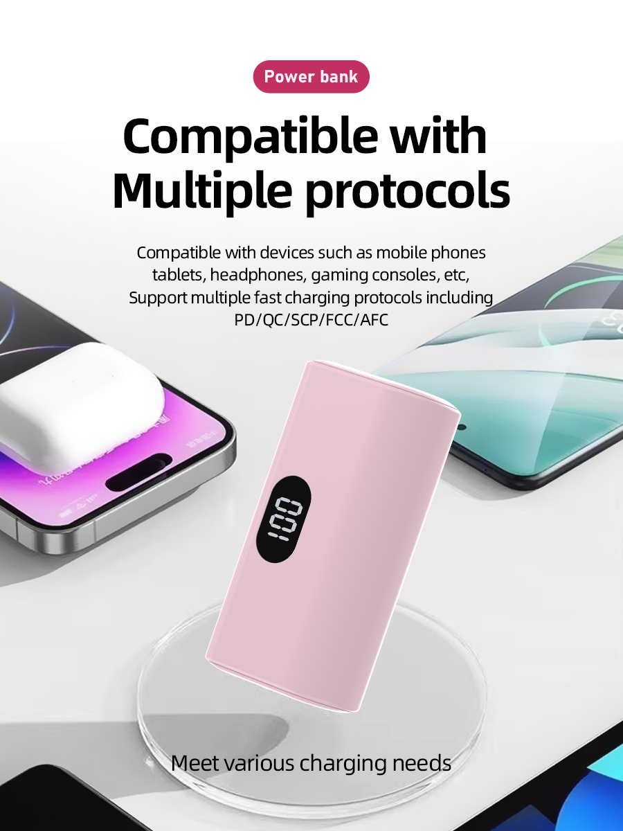 3.6V5Ah Mini Pocket Power Bank with Hidden Type-C, LED Display & Multi-Fast Charging Protocols