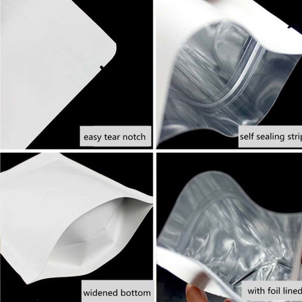 Lightproof Stand UP Pouch Food Grade Resealable Zipper Pouches White