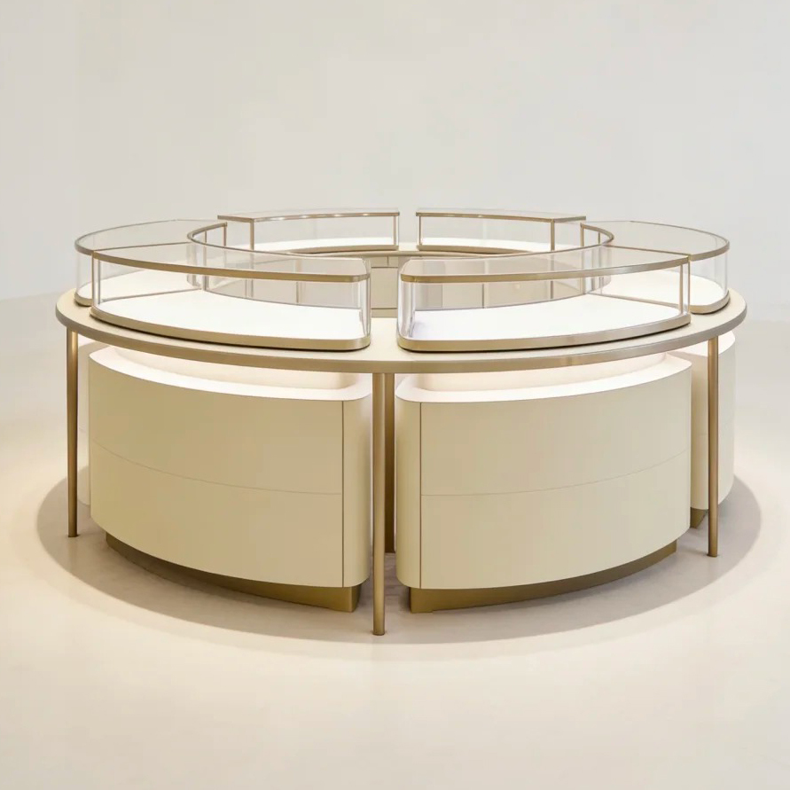 360° Curved Tempered Glass LED Illuminated Jewelry Display Cabinet with Hidden Storage Drawer for Boutiques