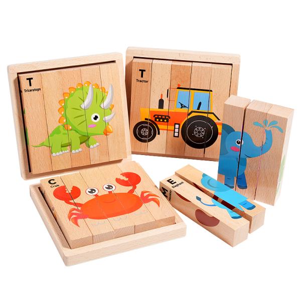 New Wooden Montessori 4 in 1 Animal Block Puzzle Toy Preschool Educational Toys Fine Motor Developmental for Baby Boys Girls