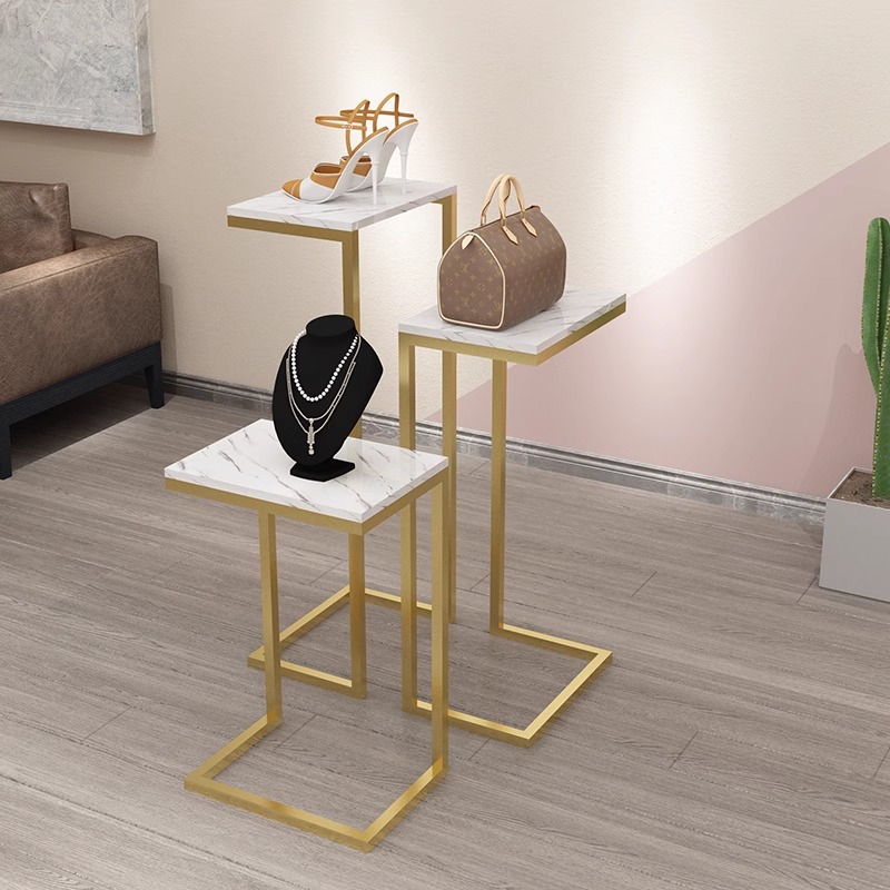 Durable Gold Metal Wood Floor Type Display Stand Marble-Design Panel Shelf Promotional Rack Clothing Shoes S/M/L Sizes 1 Pcs