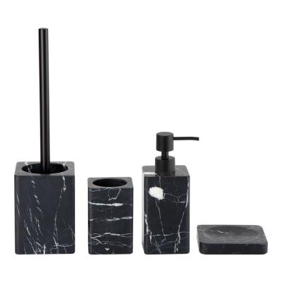 4PCS Acessórios de casa de banho de mármore natural conjunto de forma quadrada com borda relaxada preto com veias brancas bomba de loção