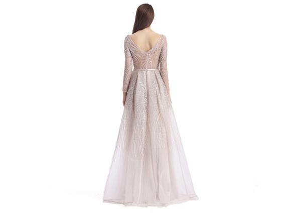 Champagne Fluffy Arabic Style Dress , Long Sleeve Arabic Wedding Dress