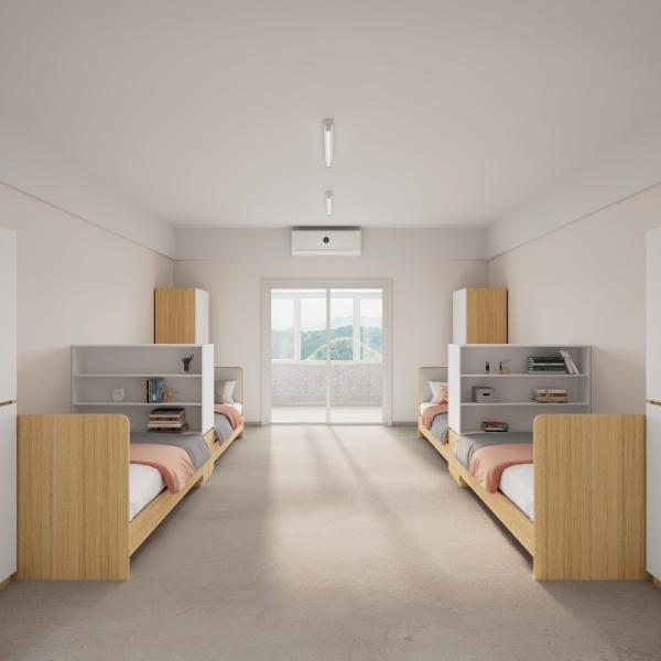 Cama de apartamento prática e isolada com encosto de couro confortável e divisores de prateleiras