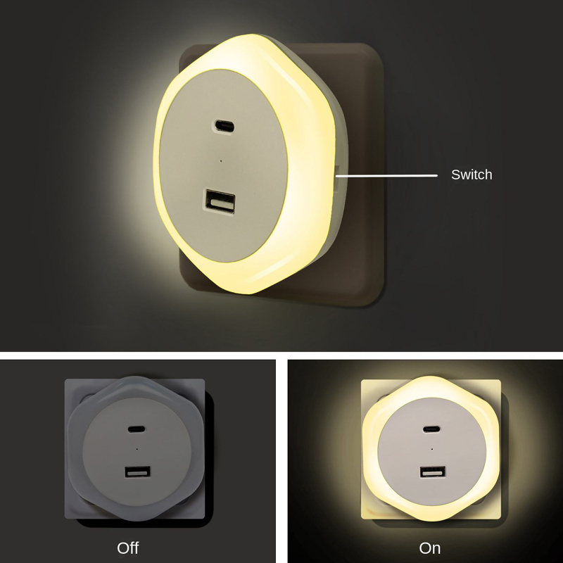 USB Charging Socket with LED Night Light, Modern square ABS Switch Sensor Control Plug-in Power Supply