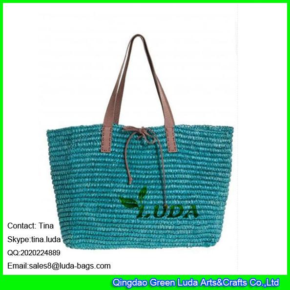 LUDA lake blue colored raffia handbags crochetting raffia shoulder straw tote handbag