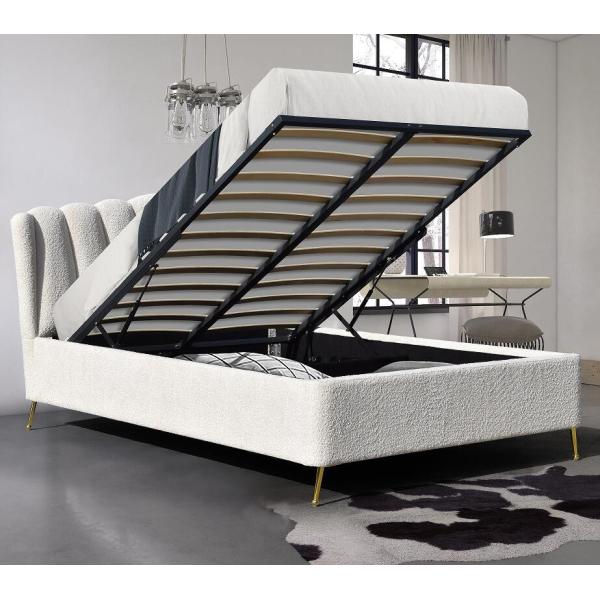 White Boucle Fabric Gas Lift Storage Bed With Four Metal Strong Feet