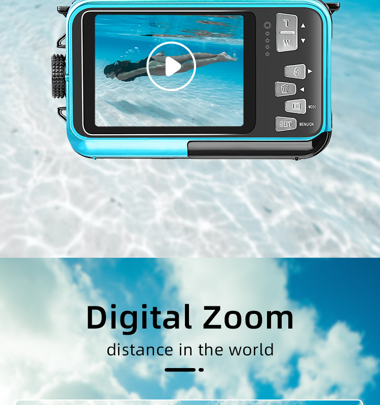 2.7K  Waterproof Camera 2.7+1.8 Inch Screen 16X Digital Zoom 13FT Underwater Anti-Shake Snorkeling Swimming and Diving Camera