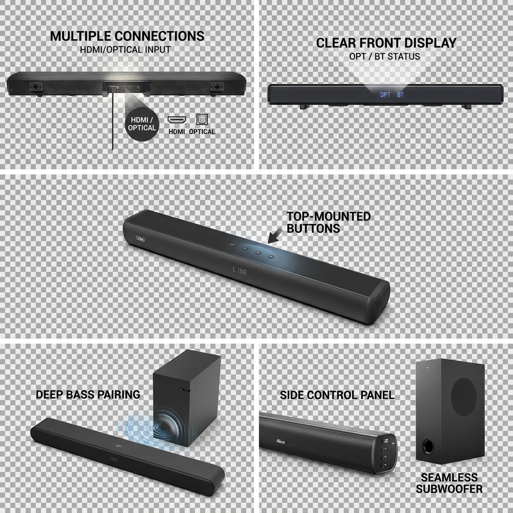 Wireless Soundbar Speaker ASW120-2.1U 100W Subwoofer Channel Surround Sound ARC HDMI