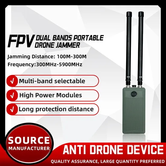 700-1000MHz Dual Band Handheld Drone Jammer with 30W+30W Output Power and 32000mAh Battery Capacity