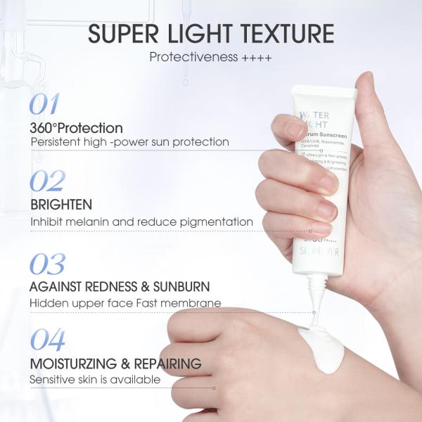 L'eau minérale Lumière sérum Protège-soleil Ultra-lumière Non grasse Lotion pour le visage hydratant Brightening Crème de blanchiment solaire