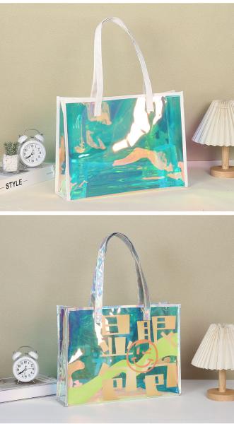 Custom Logo Eco-Friendly Recycle Iridescent Hologram Colorful Pvc Plastic Beach Bag TPU Handle Holographic Tote Shopping Bag
