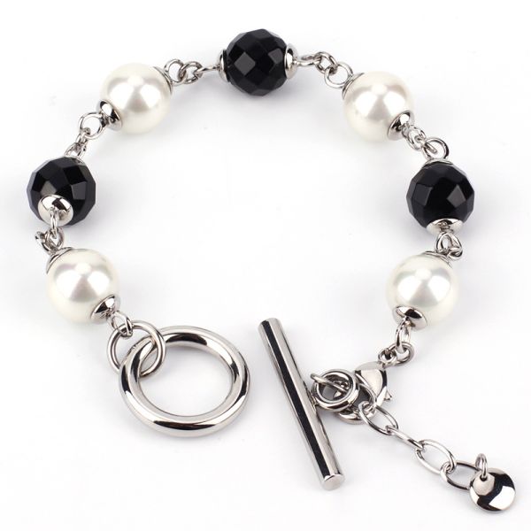 Wholesale Black White Design Stainless Steel Glass Pearl Beaded Bracelet