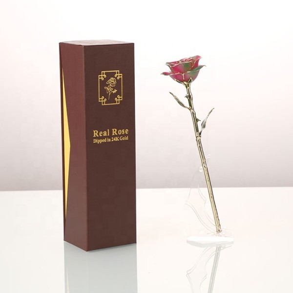 Long Stem Rose Dipped in 24k Gold  Gold Trimmed Rose with Gift Box and Clear Display Stand Best Gift for Christmas Gifts