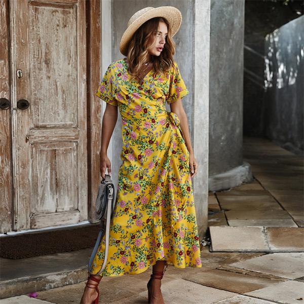 Printed Ladies Maxi Dress Polyester S Xl Short Sleeve Party Casual V Neck