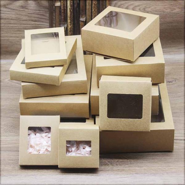 Cajas de embalaje de regalo de papel kraft blanco con ventanas de PVC, impresión personalizada