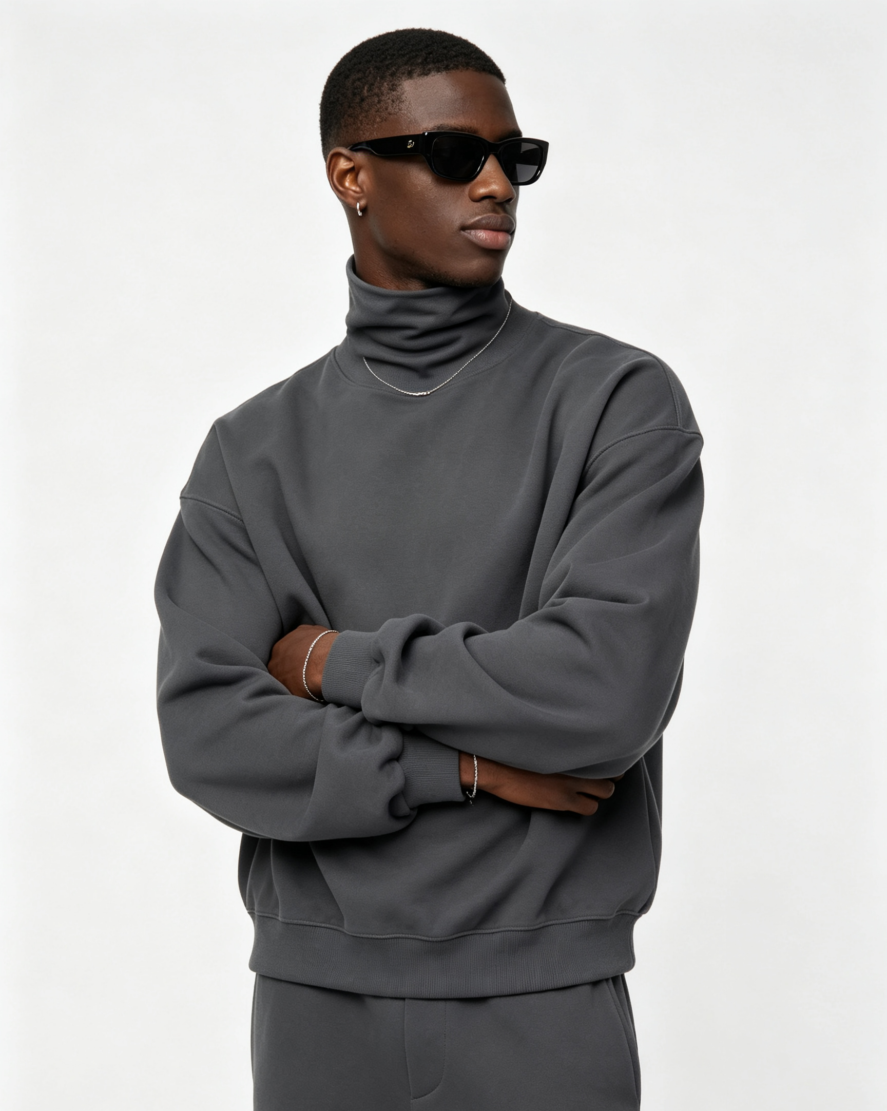 305GSM Turtleneck Long Sleeve Shirt Oversized Drop Shoulder Brushed Long Sleeve Tee Double-Sided Fabric