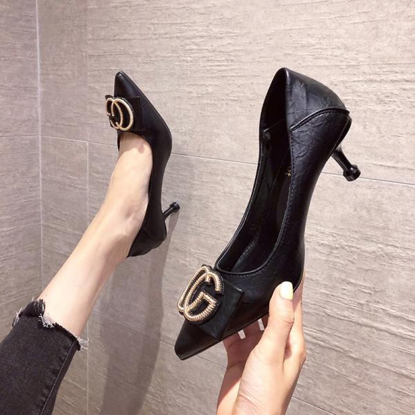 YTH010 Korean Version Of The New Fashion Simple Shallow Mouth Pu Fabric CG Buckle Stiletto Pointed High Heels Wholesale