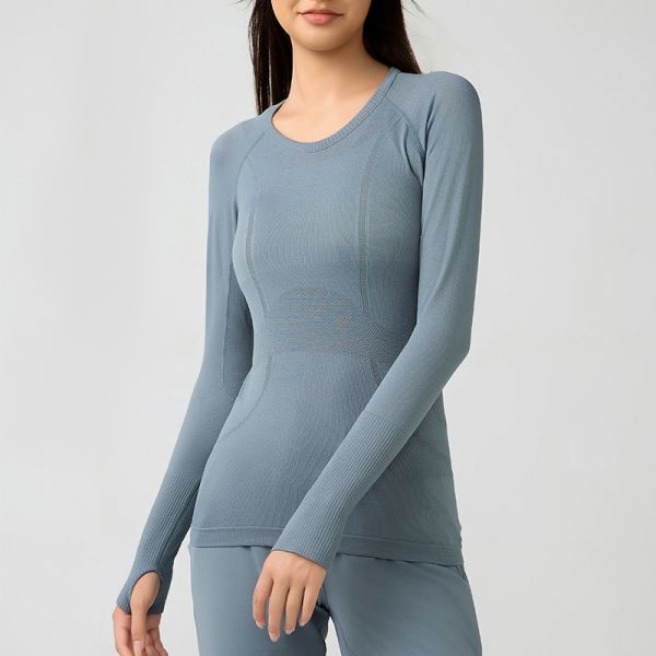 Women's Long Sleeve Yoga Activewear Seamless Top Light Blue Moisture Wicking