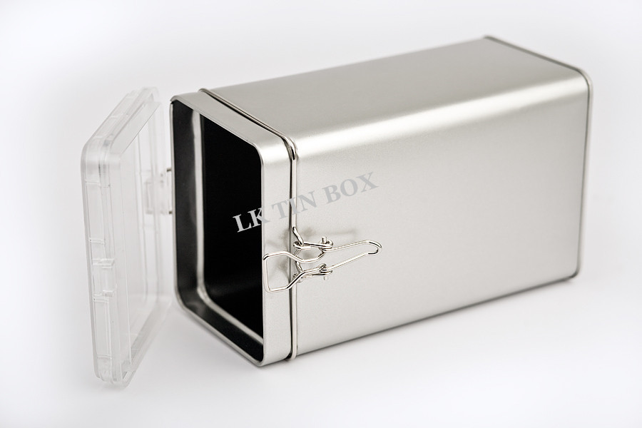 Silver Sandblasting Rectangular Coffee Tea Tin Containers With Plastic Lid