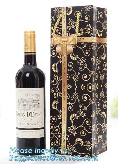 wine paper bag with handles,luxury glossy wine bottle gift paper bags,Gold Wine Gift Paper Bag with Ribbon Handles pack