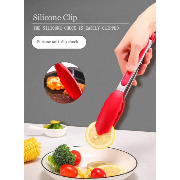 Red Silicone Clamp Stainless Steel Kitchen Grill Tongs for Outdoor Camping BBQ Buffet