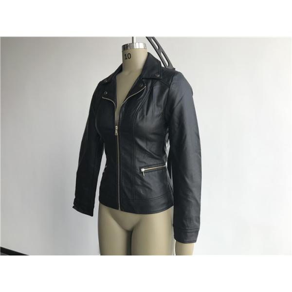 Black Ladies PU Jacket With Lapel Neck , Womens Faux Leather Coat TW74289