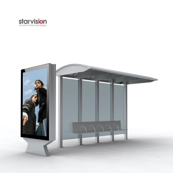 Aluminum Curved Roof 250W Solar Powered Bus Waiting Shed With Advertising Mupi